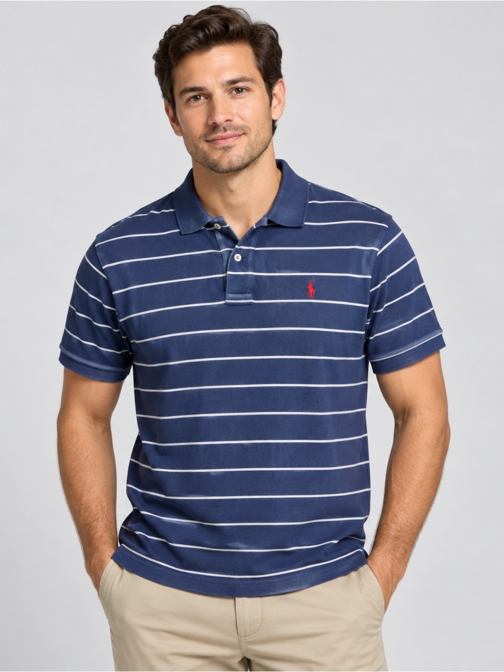 Polo Ralph Lauren Polo Shirt Knit Cotton Mens Medium Striped Short Sleeve Blue